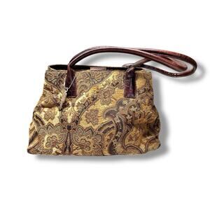 Vintage‎ Fossil Floral Tapestry Carpet Handbag Purse Leather Satchel Boho